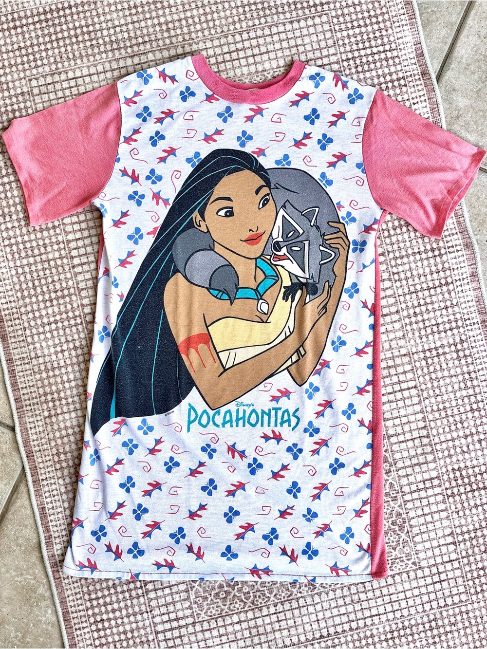 Vintage Pocahontas 90s Nightgown Long Dress Disney Teal White Used Size XL